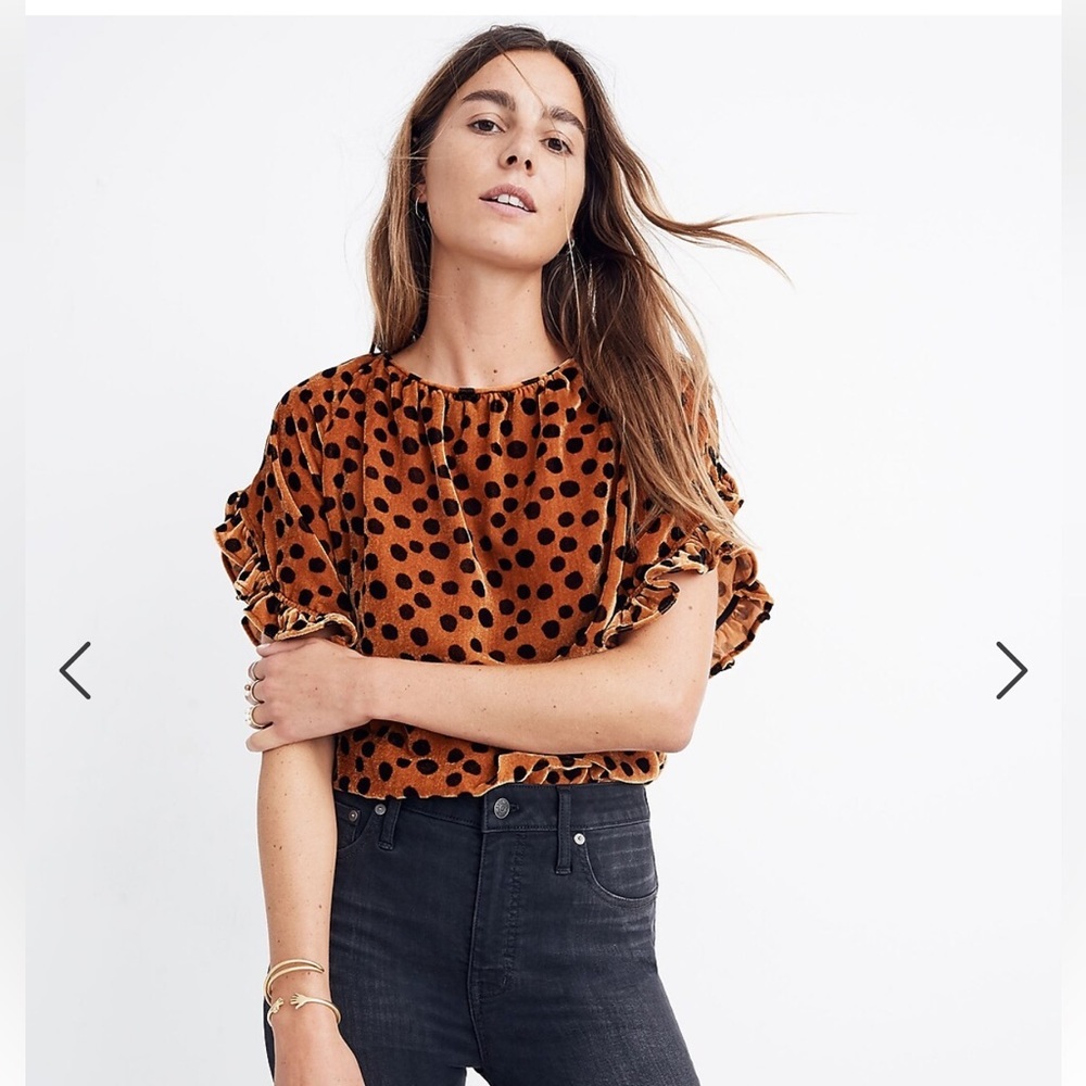 Madewell Rust Orange Velvet Polka Dot Ruffle Sleeve Top